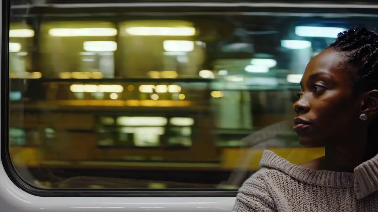 The video captures a contemplative moment of a woman on a train, blending urban life