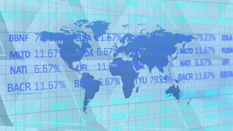 Animation-of-stock-market-and-world-map-over-blue-background