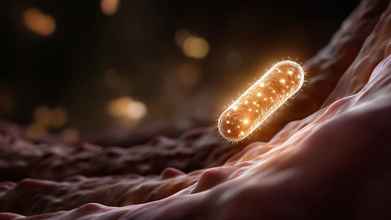 Microscopic View of a Bacteria with Luminescent Surface in a Dark Biological Environment Highlighting Microbial Dynamics and Interactions in the Human Body