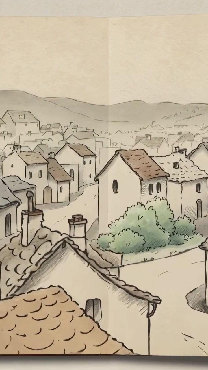 Video verticale: Telecamera in panoramica su un quaderno da disegno aperto su un tavolo, rivelando la piega della pagina
