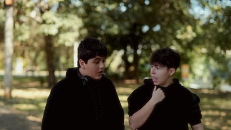 two teenagers walking and talking in a park
