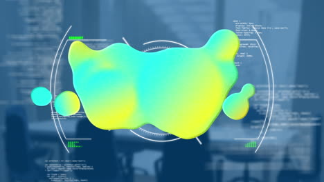 animation of glowing blob, scope scanning and data processing over empty office
