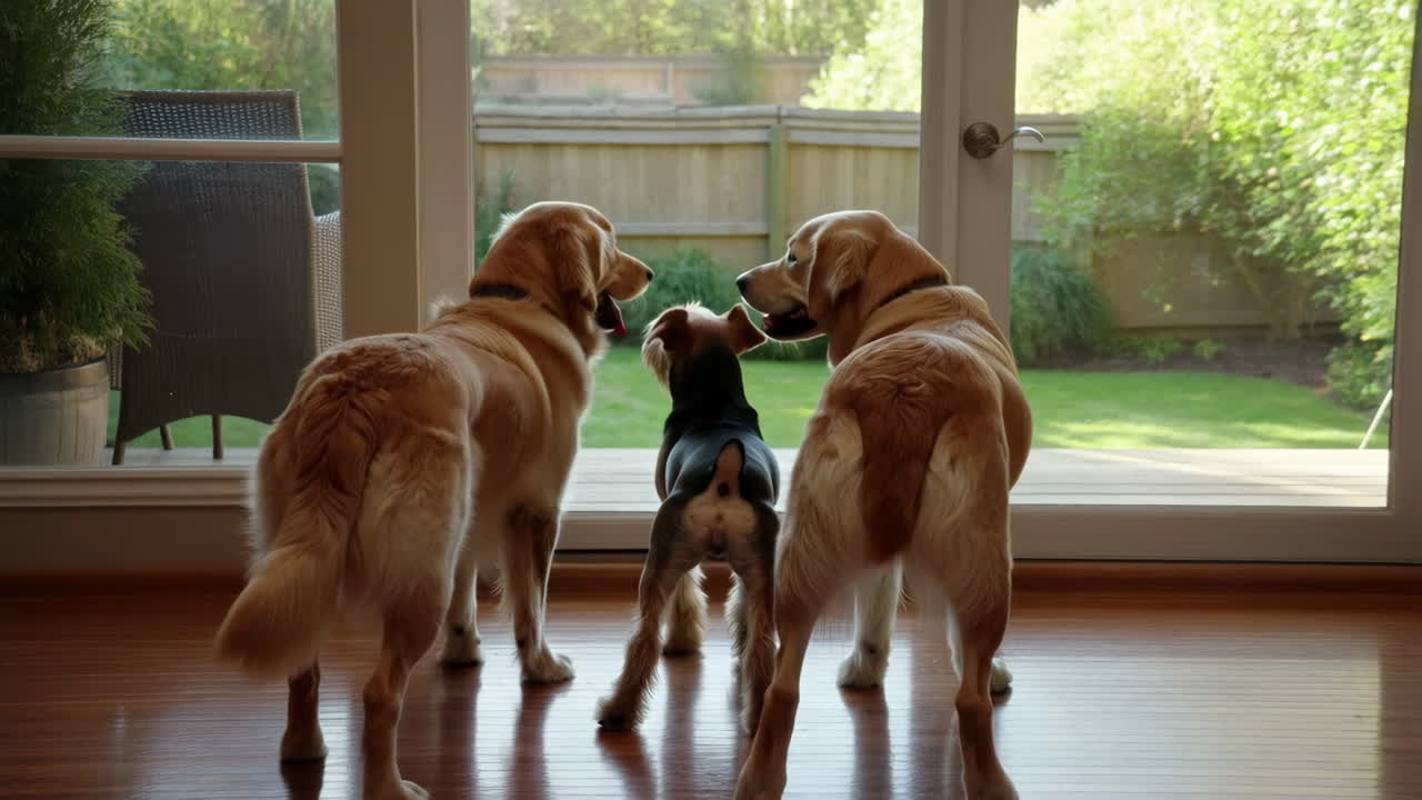 Three Dogs Looking Out a Glass Door into a Backyard