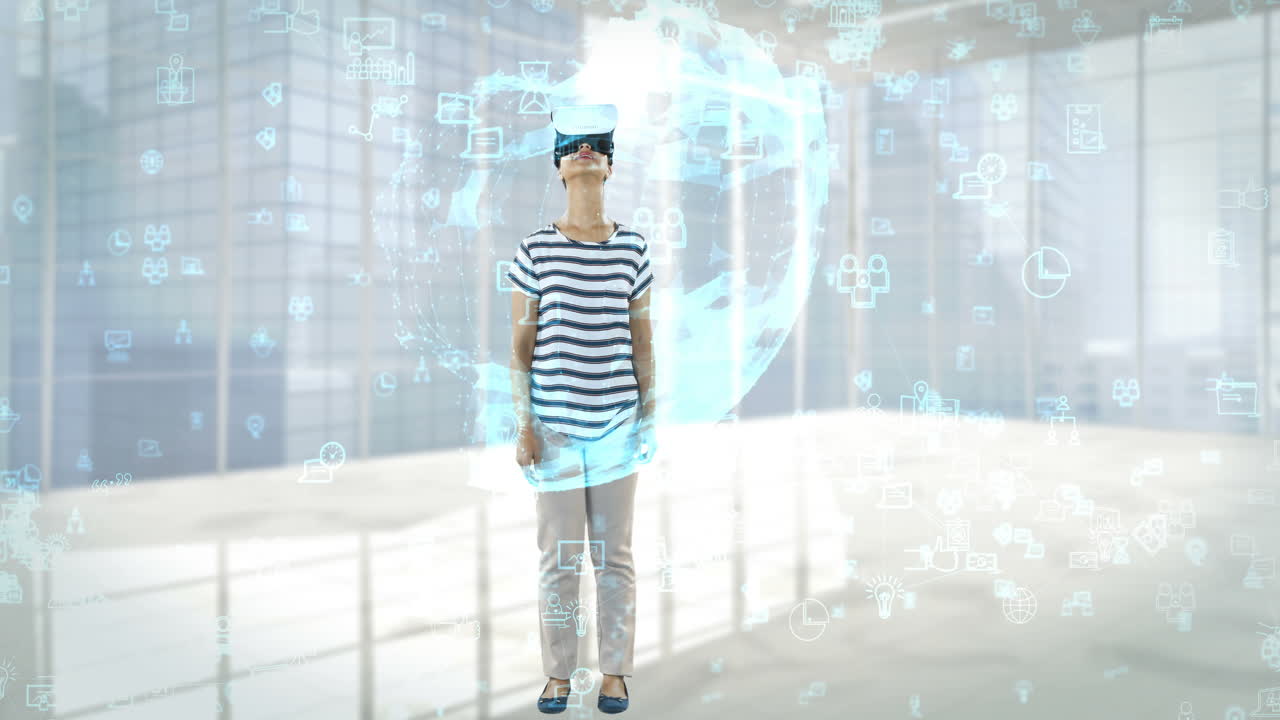 Woman using virtual reality headset with digitally generated business icons 4k