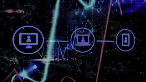 animación del mapa del mundo, iconos digitales y procesamiento de datos sobre fondo negro