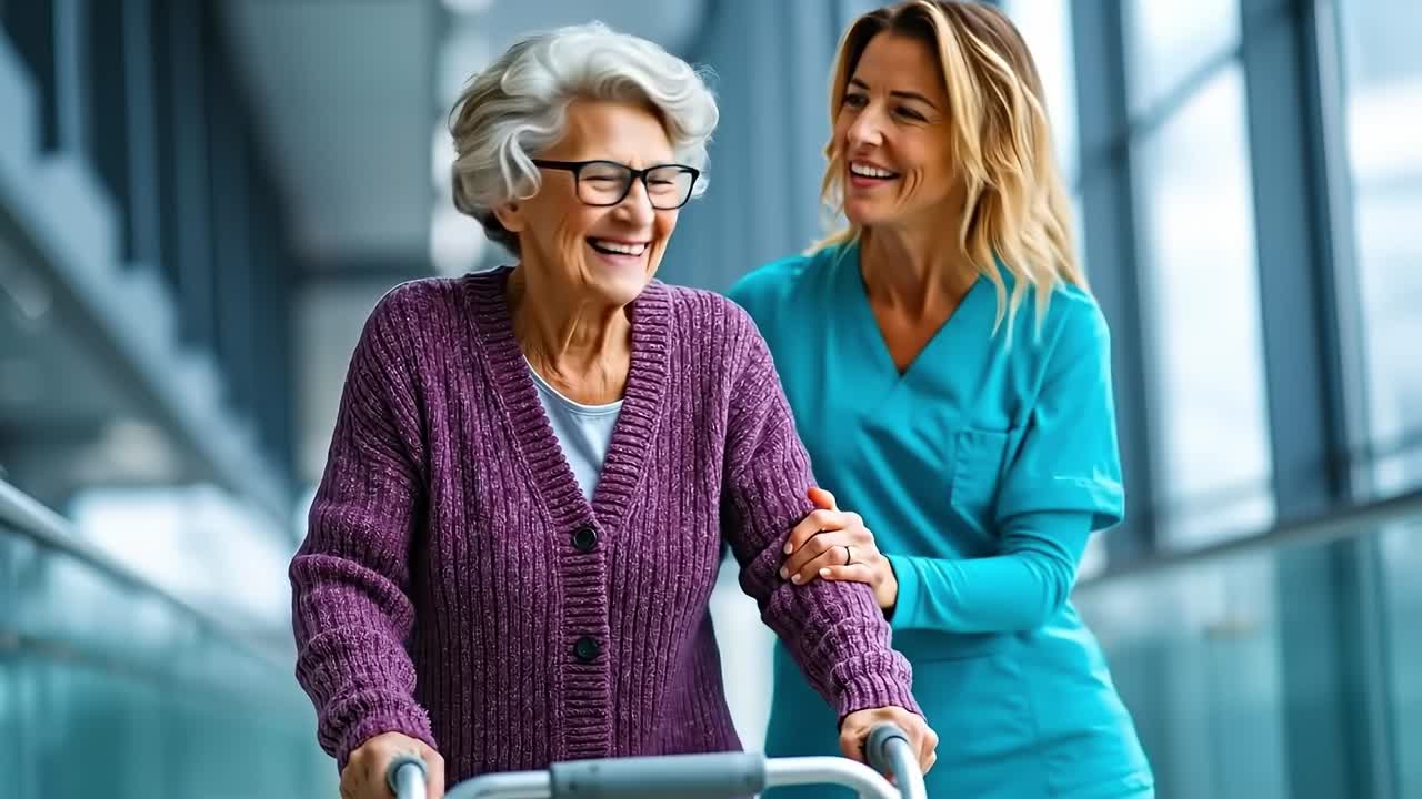 Eine Krankenschwester hilft einer älteren Frau mit einer Gehhilfe