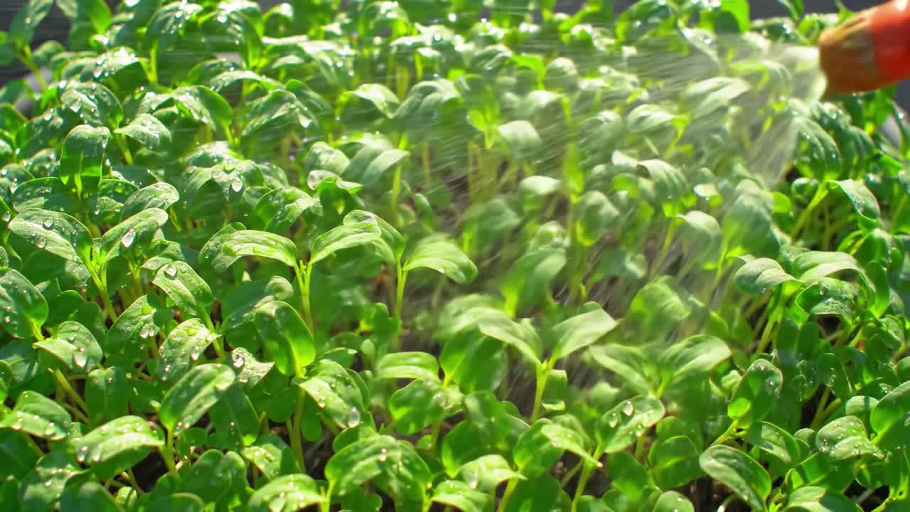 A Close-Up View of Hand Watering Fresh Green Seedlings with a Spray Nozzle, Capturing the Essence of Gardening and Nurturing New Plant Growth in a Bright Sunlit Environment
