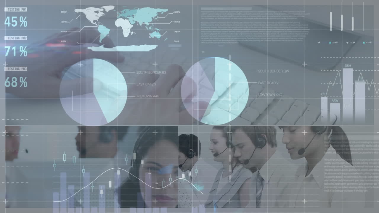 animación del procesamiento de datos financieros sobre diversas personas de negocios con auriculares telefónicos