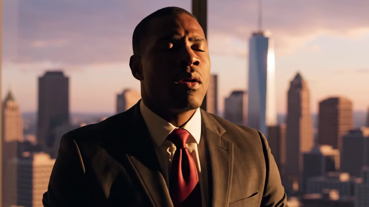 Worried Businessman Overlooking City Skyline