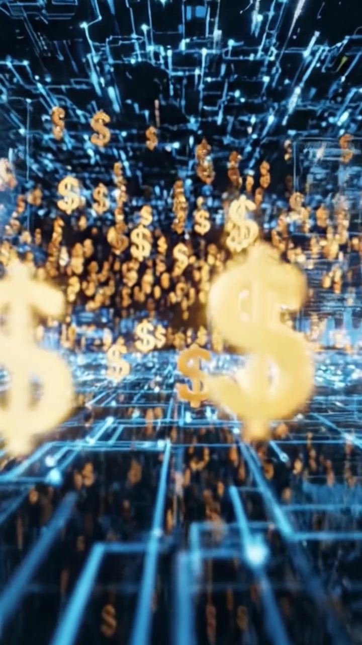 Un affascinante viaggio visivo in un paesaggio digitale futuristico, dove flussi dinamici di simboli di valuta si riversano attraverso una complessa rete di connessioni luminose.