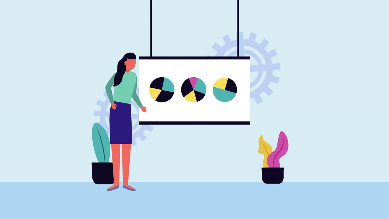 businesswoman with paperboard and statistics avatar character