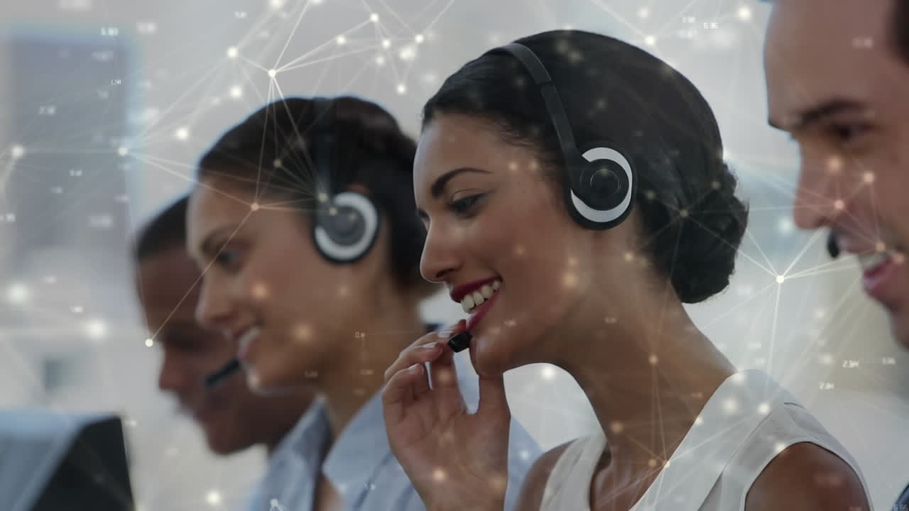 Animation of network of connections business people wearing phone headsets
