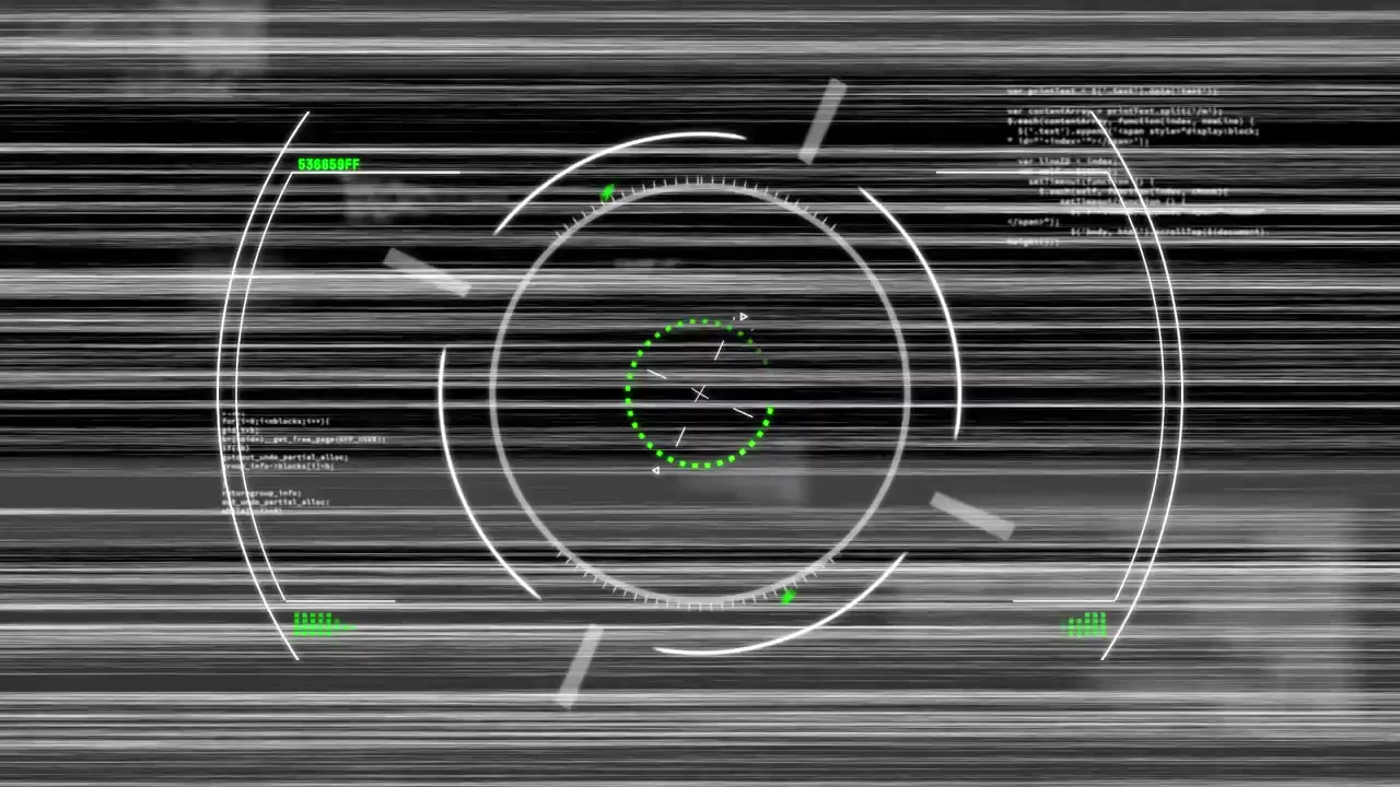 Animação de visor e formas verdes sobre a tela com glitch e processamento de dados.