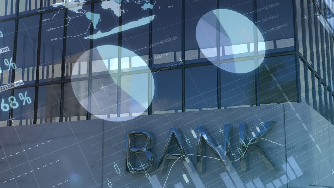 현대 은행 건물 위에 금융 데이터 처리의 애니메이션