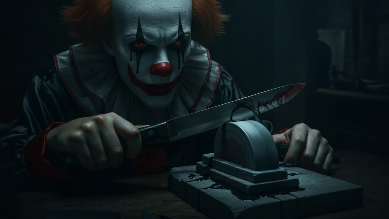 A Sinister Clown Sharpens a Blade in a Dark Room, Eerie Atmosphere Heightens the Tension as the Knife Slides Along the Stone in Preparation for an Unseen Purpose