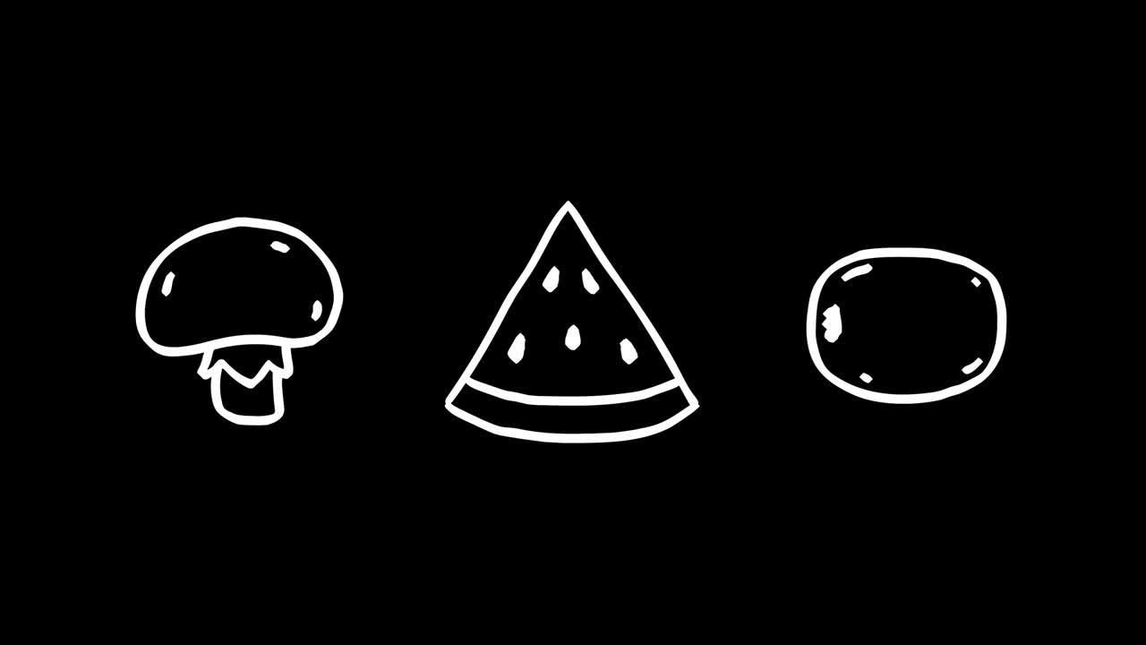 Champignon watermelon kiwi white outline. Frame by frame animation. Alpha channel