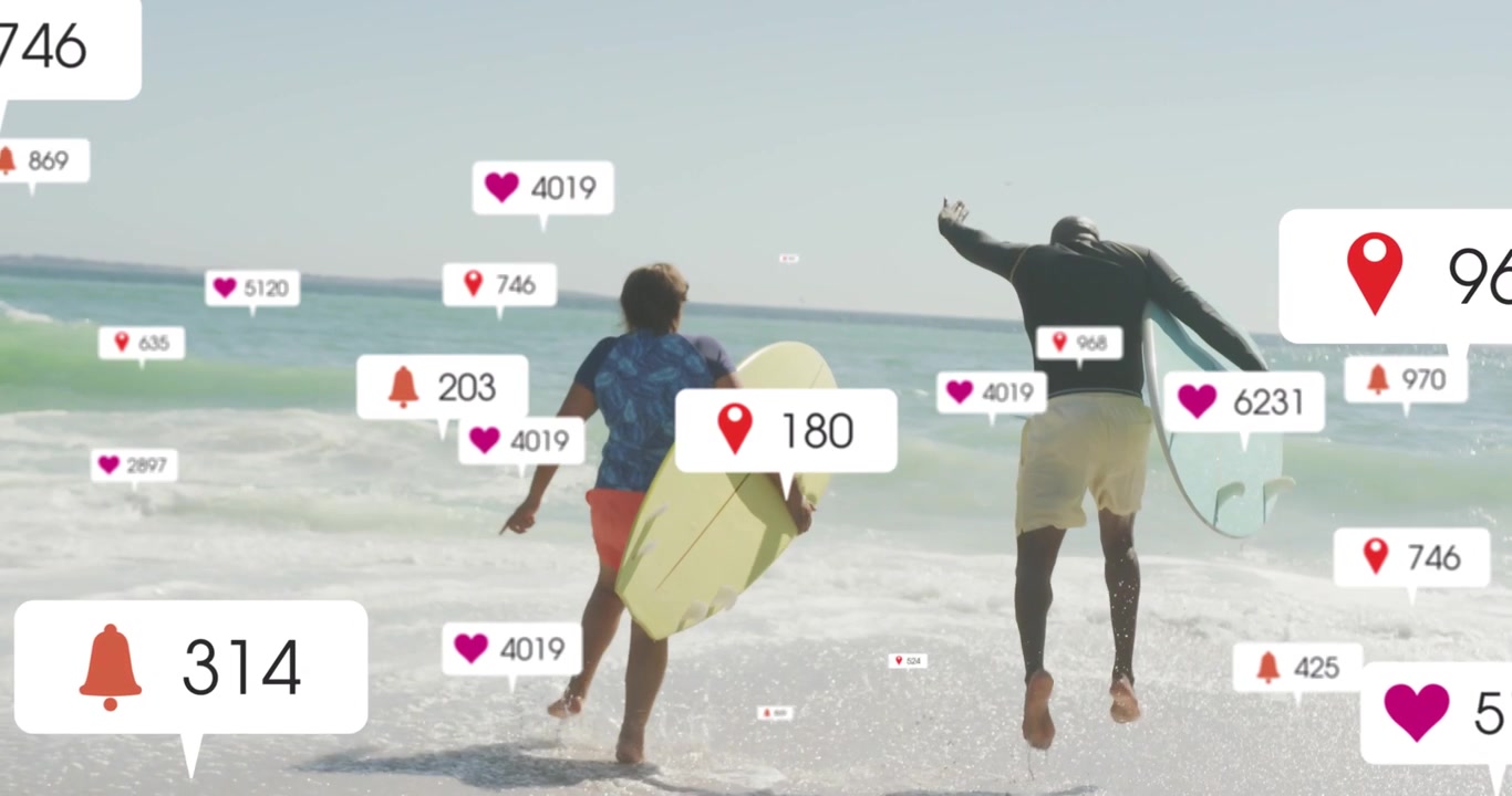 Two surfers starting jog into surf carrying yellow and teal boards, icons multiplying, to surf