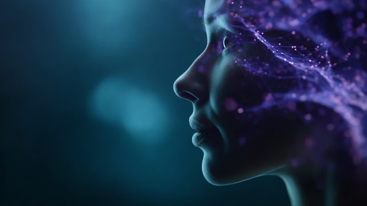 Un profilo affascinante di una donna con una rete cerebrale eterea e luminosa, che simboleggia la fusione tra tecnologia e intelletto umano nell'era digitale