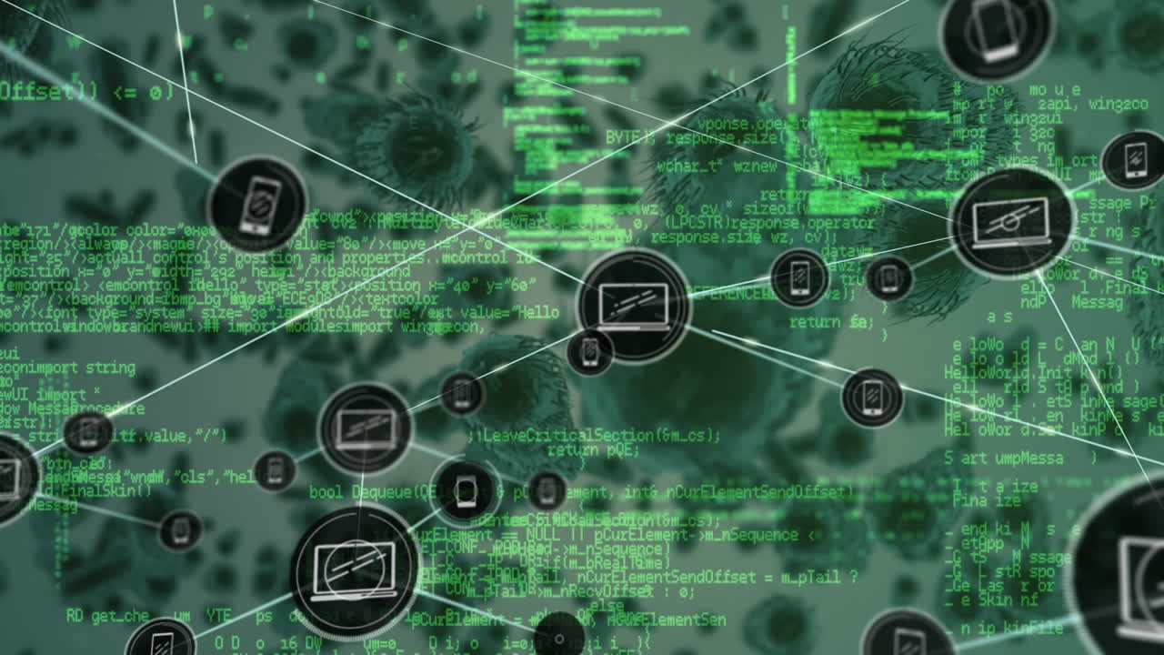 red de iconos digitales y procesamiento de datos en múltiples células de covid-19 con fondo verde