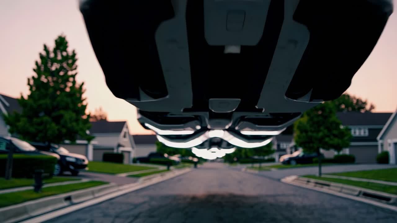 coches voladores en un vecindario suburbano al atardecer