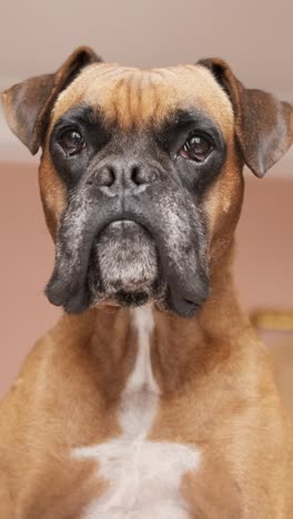 attentive boxer dog standing against wall and ceiling in room. vertical footage