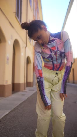 stylish woman in colorful streetwear