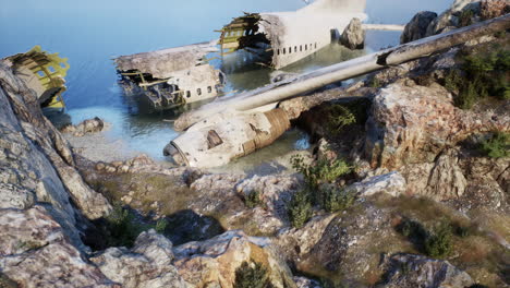 plane wreck on a rocky coastline