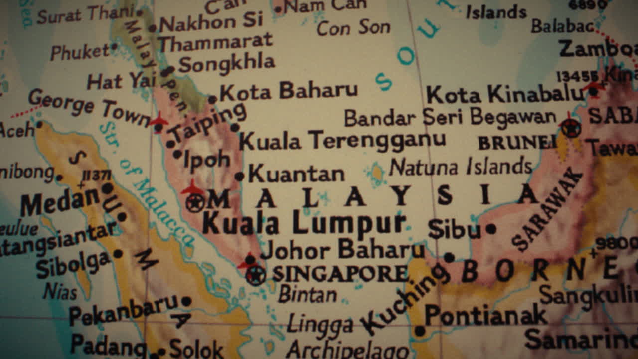 Close-up Peta yang Menampilkan Asia Tenggara, Menyoroti Malaysia dan Singapura