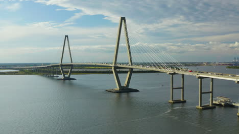 static drone shot of cooper river bridge in charleston south carolina