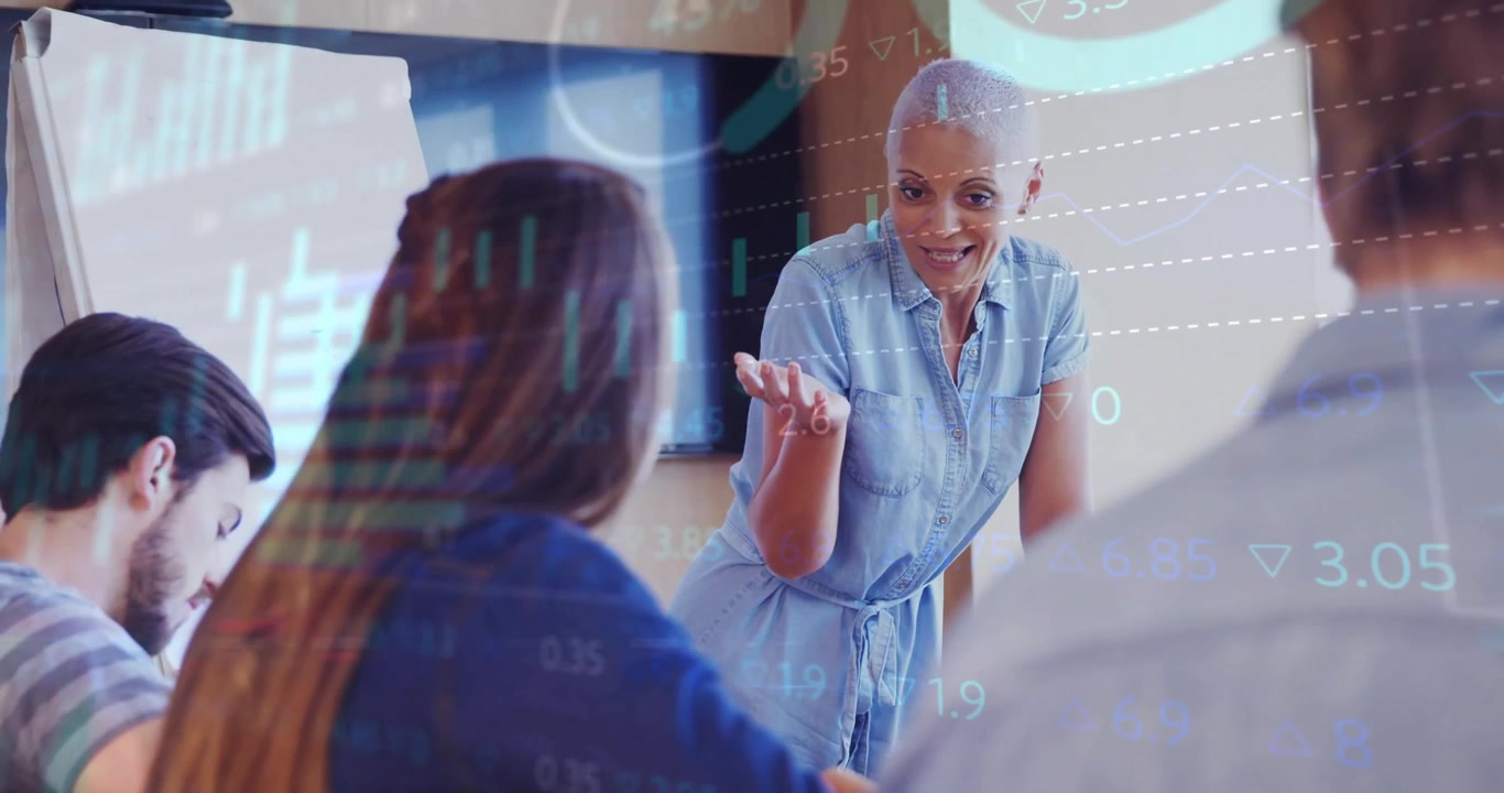 Financial data and stock market animation over business meeting with diverse team