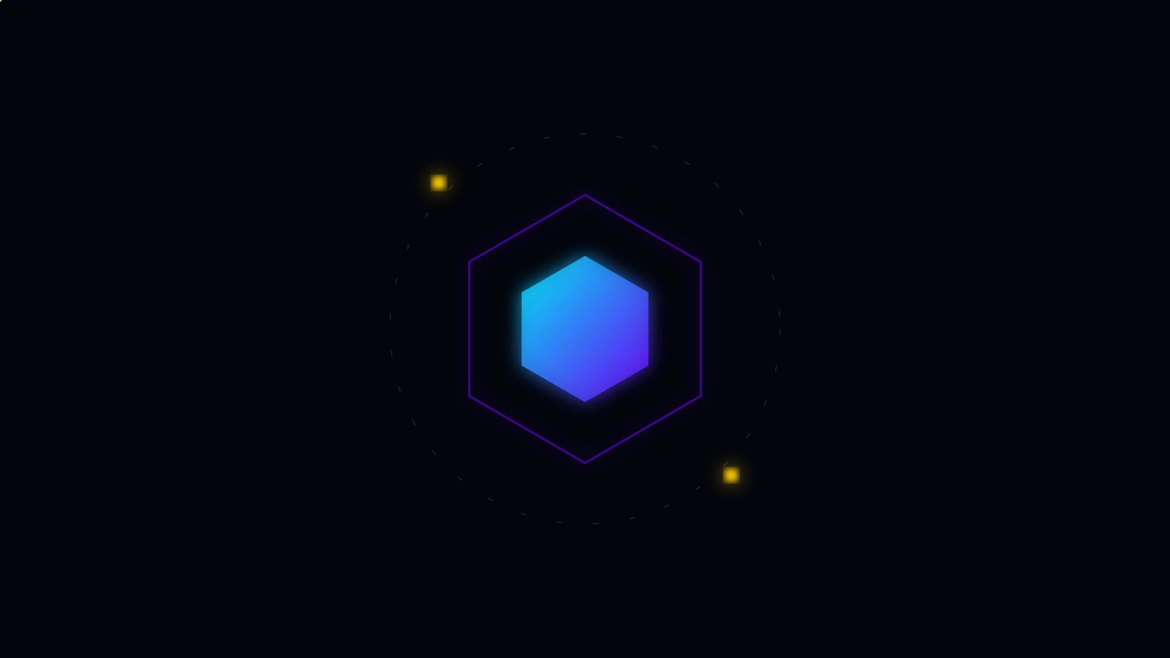 Abstract Glowing Hexagon Icon with Digital Particles on Dark Background