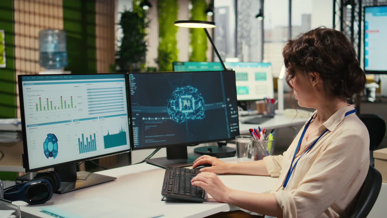 Vertical Video Woman employee using AI machine learning for efficiency recognition