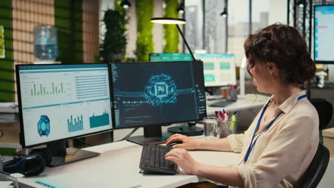 vertical video woman employee using ai machine learning for efficiency recognition