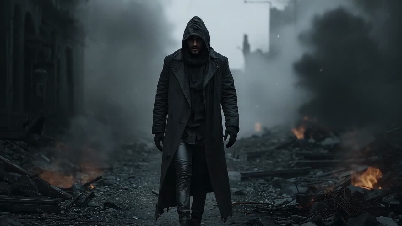 Opening on ruined street showing hooded man walking toward lens, smoldering rubble, drifting embers