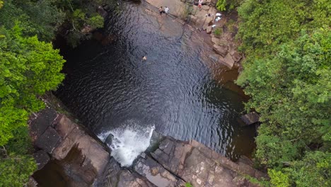 Man-swims-in-lake-from-waterfall-into-dense-jungle