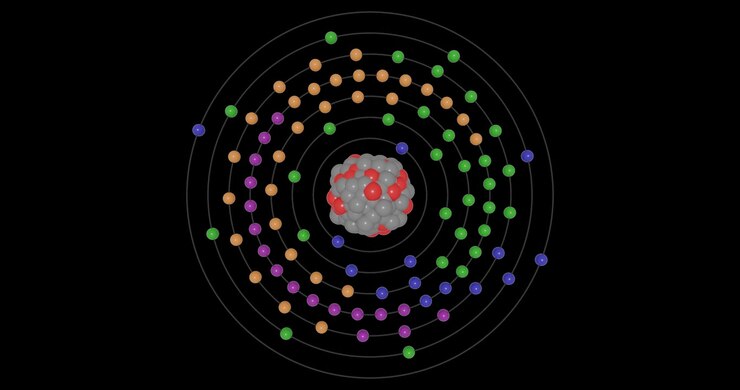 3D animation of a Protactinium atom on a transparent background showing shells, subshells, electron orbits, and nucleus with protons and neutrons, illustrating atomic structure and energy levels.