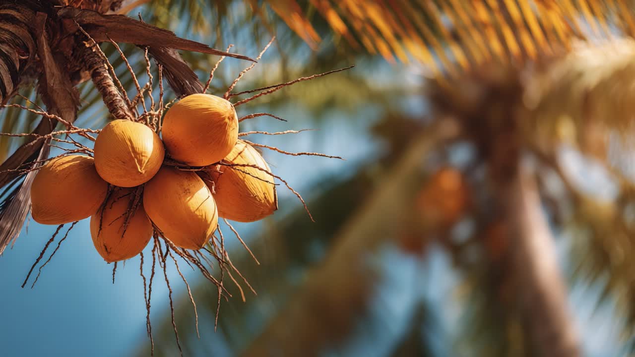 A Stunning Close-Up of Ripe Coconuts Hanging from a Palm Tree, Showcasing Their Sun-Kissed Texture and Vibrant Color Against a Soft Focused Background