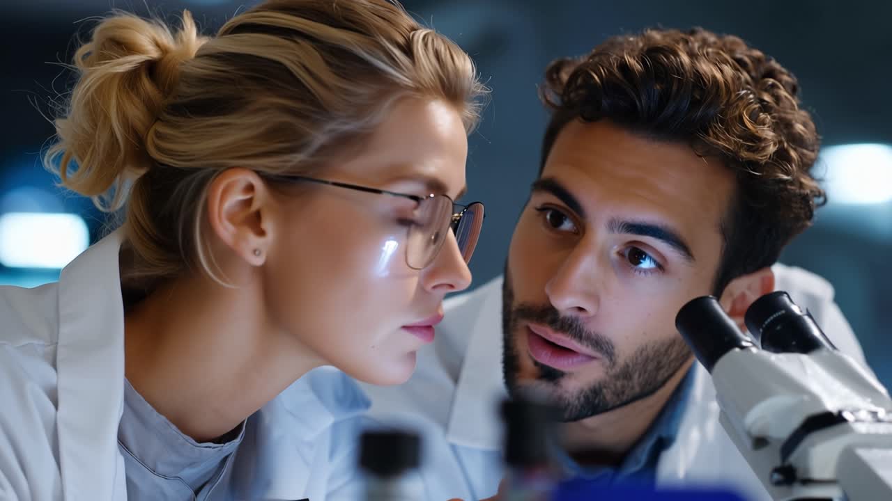 Giovani scienziati esaminano campioni al microscopio. Espressioni concentrate mostrano profonda concentrazione e curiosità. L'ambiente di laboratorio suggerisce ricerca o scoperta. Ideale per scienza, istruzione.