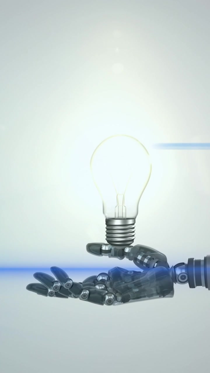 Animation af en oplyst pære over hånden på en robotarm, med bevægende blåt lys på grå baggrund.
