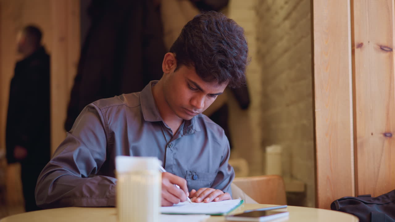 Young man sitting near window in cozy cafe, holding pen and looking outside with thoughtful expression while writing on paper, warm ambient light creating contemplative, focused atmosphere for creative work