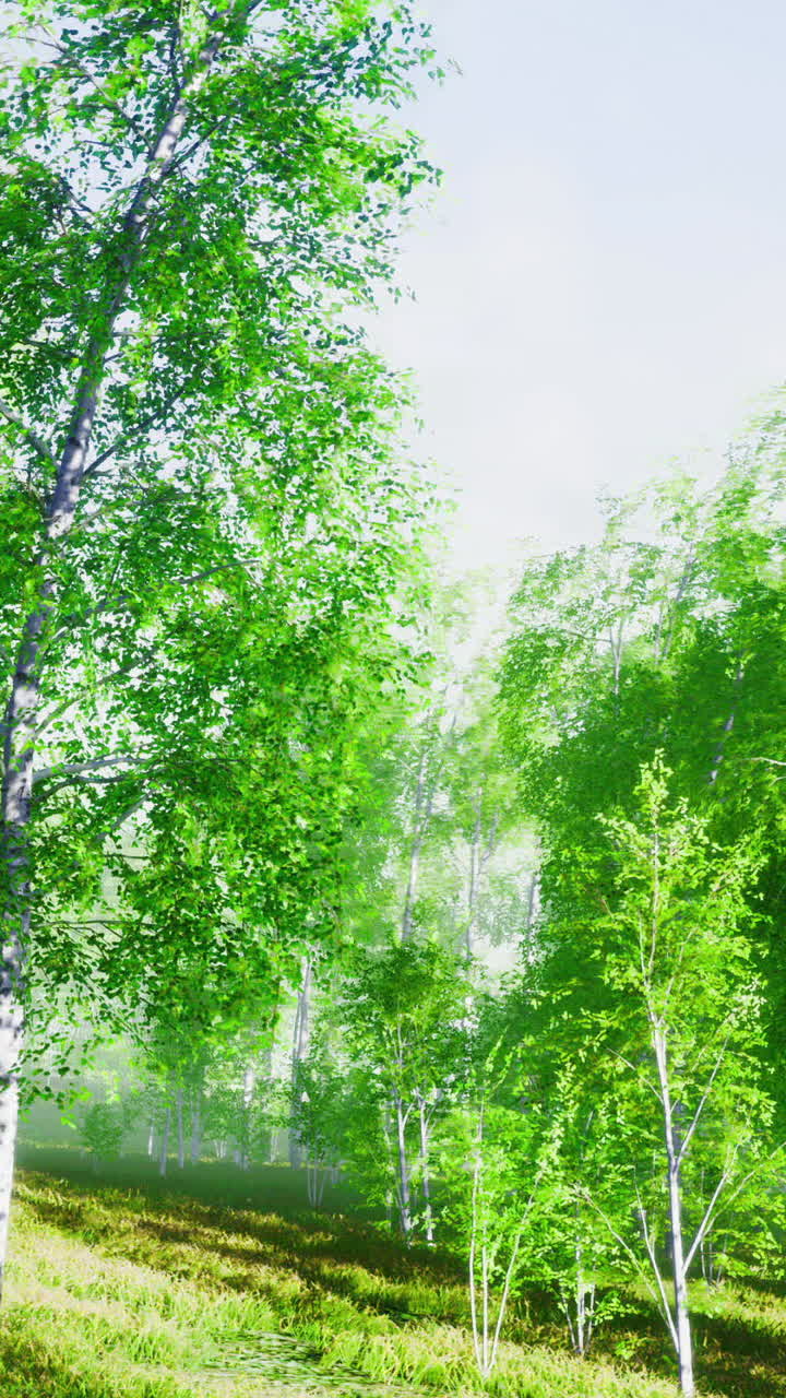 Lush green foliage envelops a tranquil forest on a bright sunny day