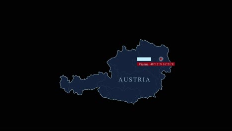 Stylized-Austria-map-with-Vienna-capital-city-and-geographic-coordinates-on-black-background