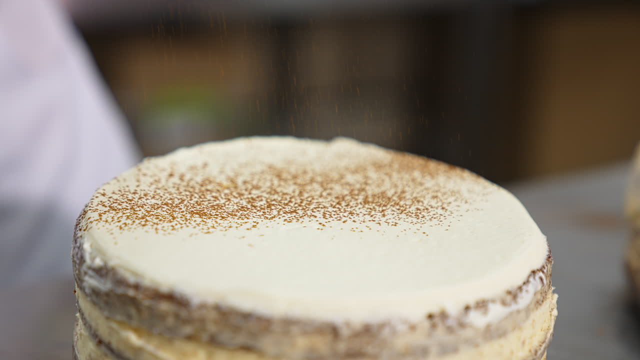 White creamy surface of the cake sprinkled with cacao powder. Close up. Decorating the cakes at modern confectionary.