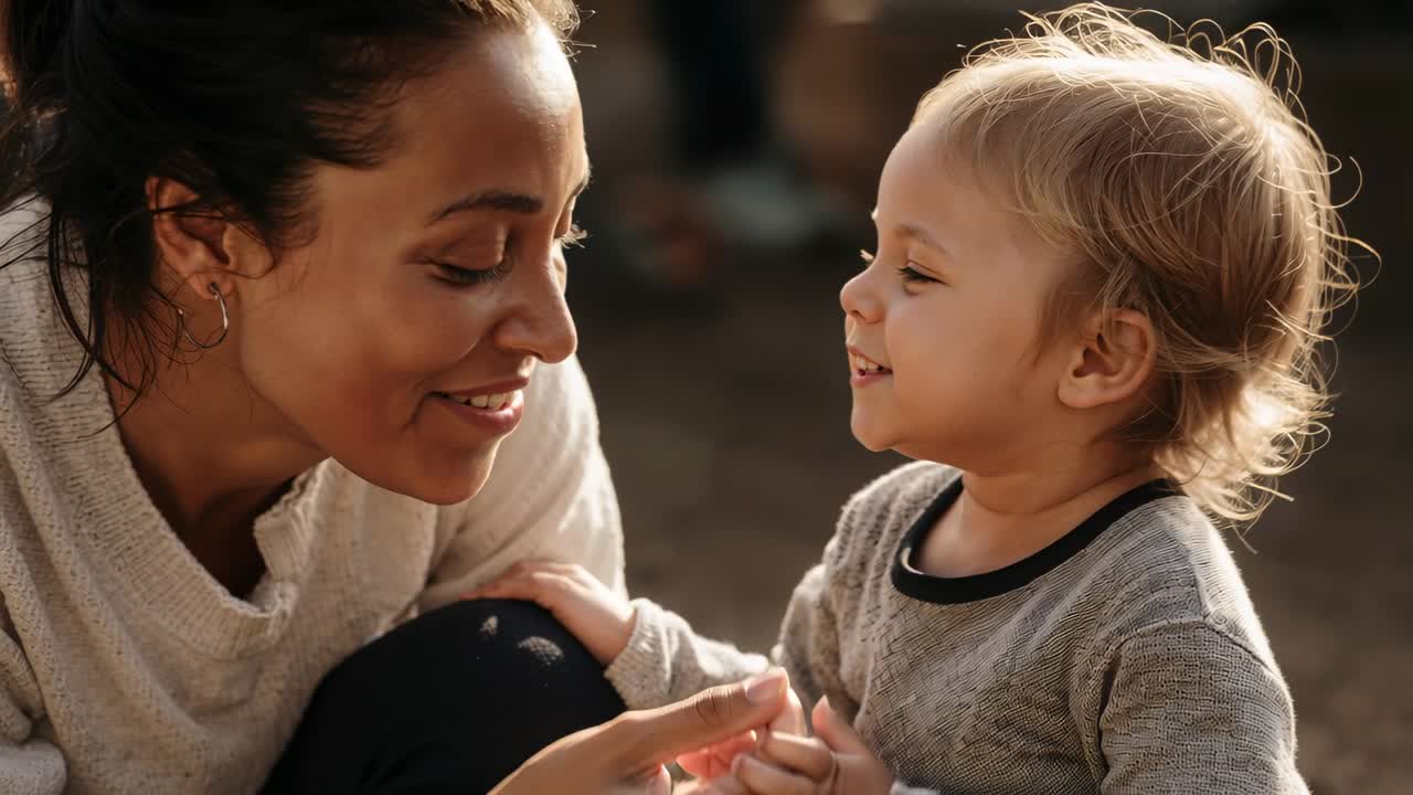 Leaning woman taking toddler's hands, both laughing at park to bond, cream sweater, grey top