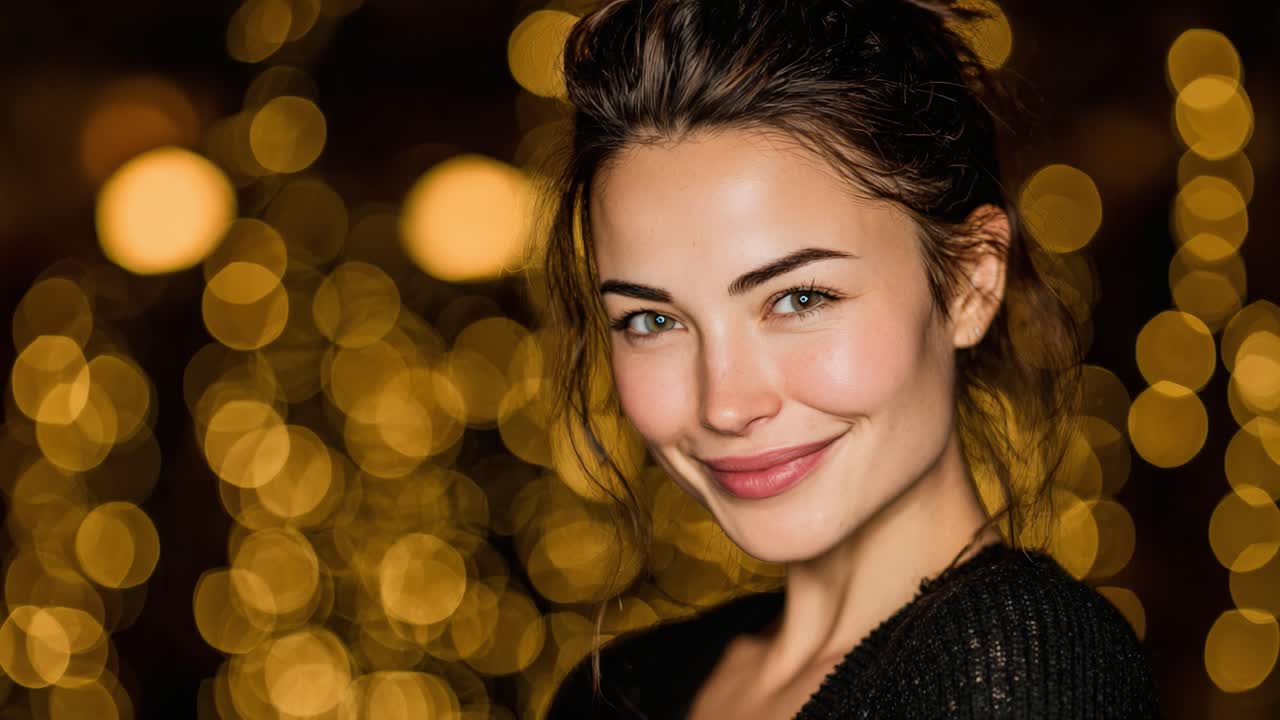 A radiant young woman smiles confidently against a beautiful backdrop of golden bokeh lights, capturing the enchanting evening atmosphere with a warm glow