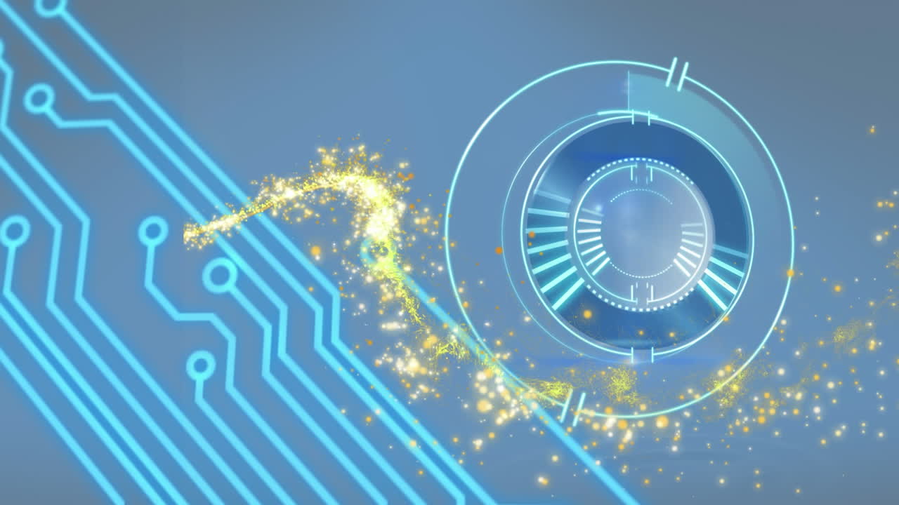 컴퓨터 회로판의 애니메이션, 파란색 배경에  ⁇ 는 별과 스 ⁇  스캔