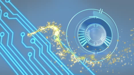 animation of computer circuit board, shooting star and scope scanning on blue background