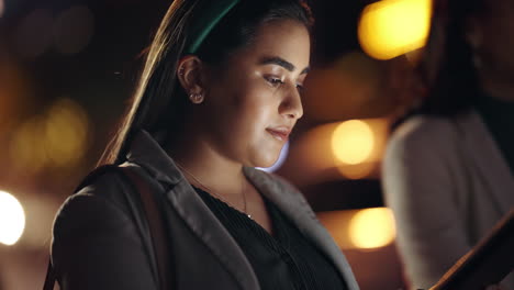 woman, tablet and smile at night for chat