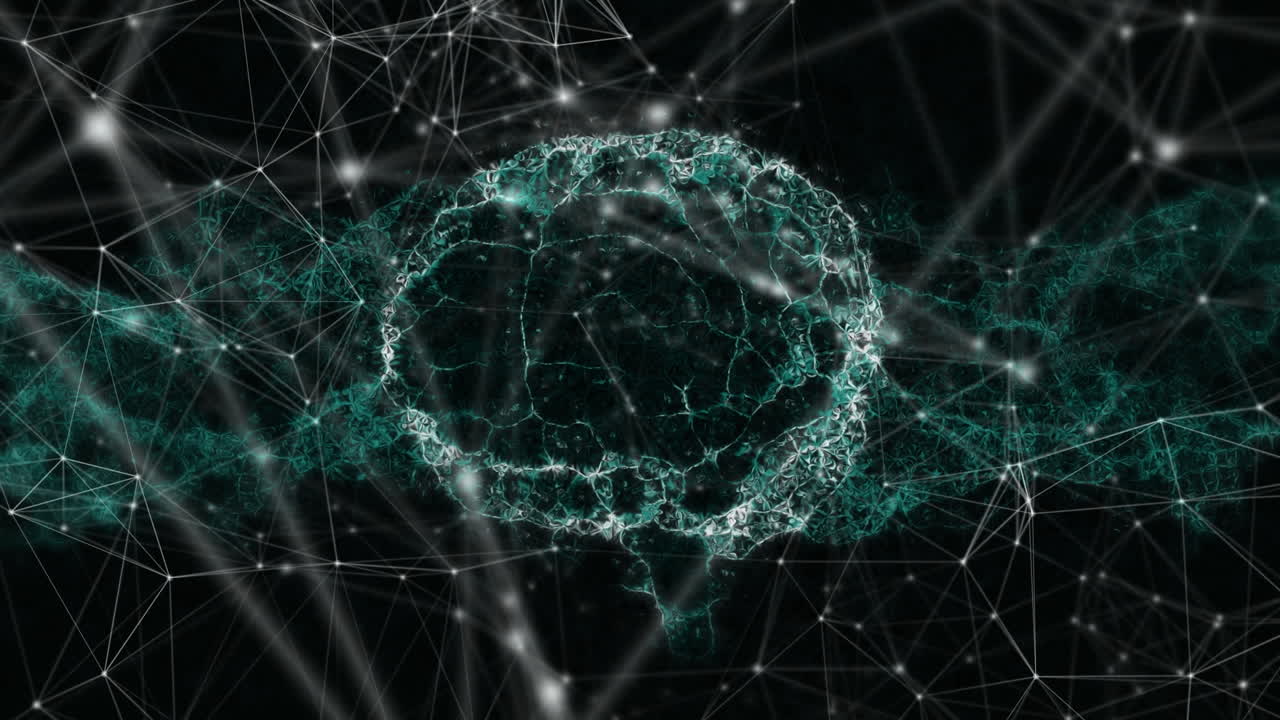Animation of network of connections and digital brain over black background