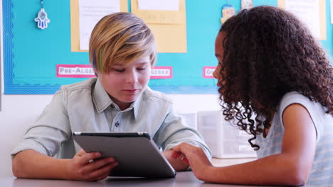 Two-elementary-school-kids-using-tablet-computer-in-a-lesson